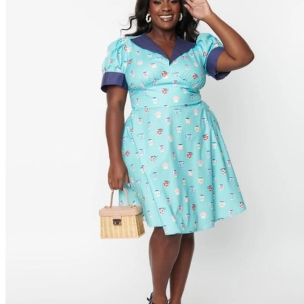 Unique Vintage Teal Teacup Cupcake Print Retro Flare Dress 2XL